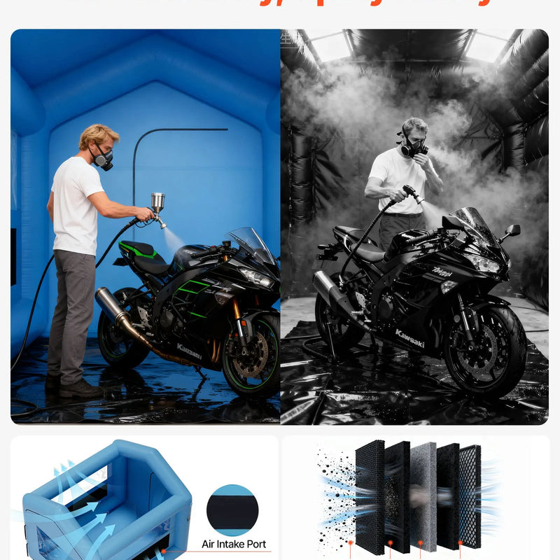 VEVOR piepūšamā krāsošanas kabīne, 3 × 2,5 × 2,5 m, ar 550 W jaudīgu gaisa pūtēju un gaisa filtrācijas sistēmu, trīsstūrveida jumts, paredzēta velosipēdu, motociklu un automobiļu virsbūves metāla detaļu krāsošanai.