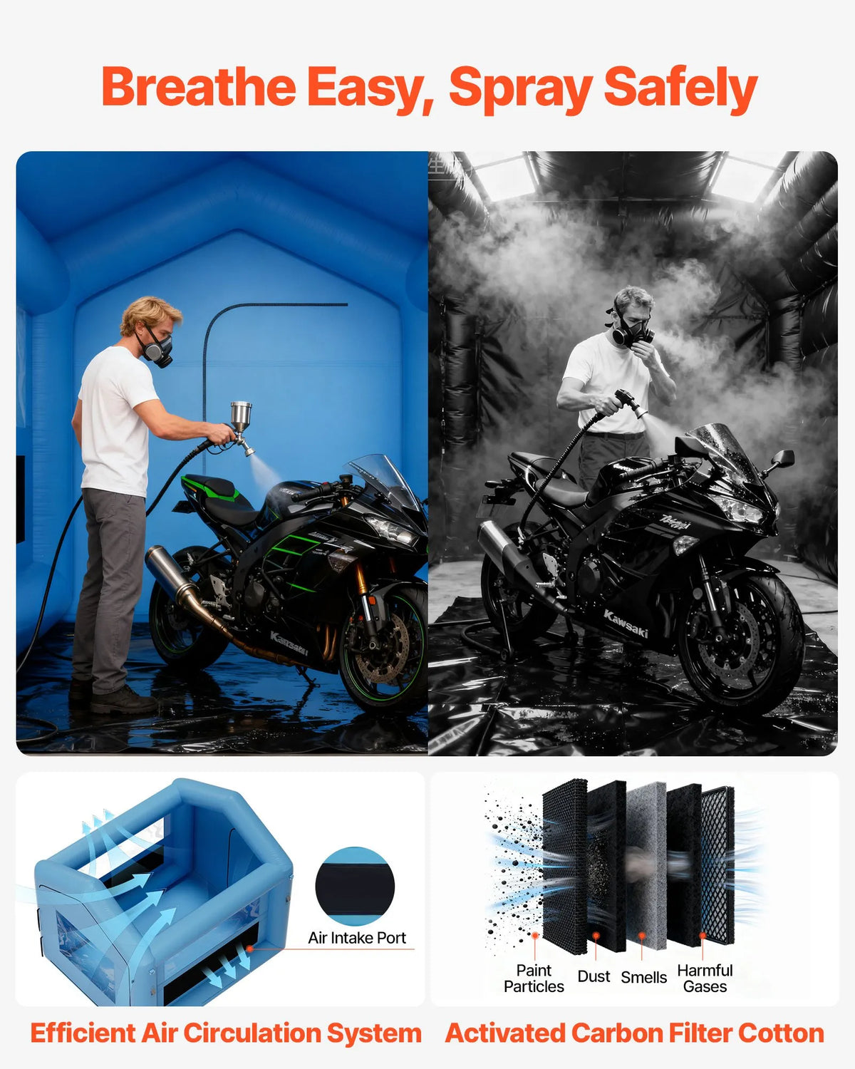 VEVOR Inflatable Spray Booth, 3 × 2.5 × 2.5 m, with 550 W Powerful Air Blower and Air Filtration System, Triangular Roof, for Painting Bicycles, Motorcycles and Car Body Metal Parts