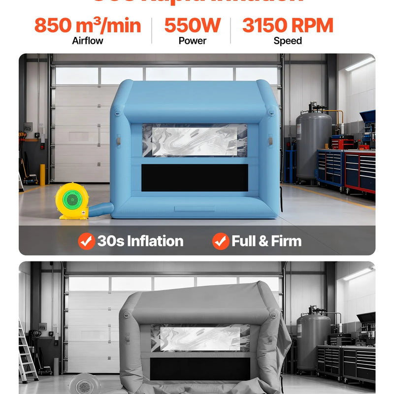 VEVOR piepūšamā krāsošanas kabīne, 3 × 2,5 × 2,5 m, ar 550 W jaudīgu gaisa pūtēju un gaisa filtrācijas sistēmu, trīsstūrveida jumts, paredzēta velosipēdu, motociklu un automobiļu virsbūves metāla detaļu krāsošanai.