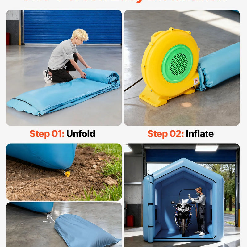 VEVOR piepūšamā krāsošanas kabīne, 3 × 2,5 × 2,5 m, ar 550 W jaudīgu gaisa pūtēju un gaisa filtrācijas sistēmu, trīsstūrveida jumts, paredzēta velosipēdu, motociklu un automobiļu virsbūves metāla detaļu krāsošanai.