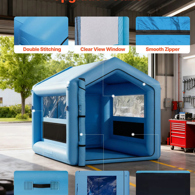 VEVOR piepūšamā krāsošanas kabīne, 3 × 2,5 × 2,5 m, ar 550 W jaudīgu gaisa pūtēju un gaisa filtrācijas sistēmu, trīsstūrveida jumts, paredzēta velosipēdu, motociklu un automobiļu virsbūves metāla detaļu krāsošanai.