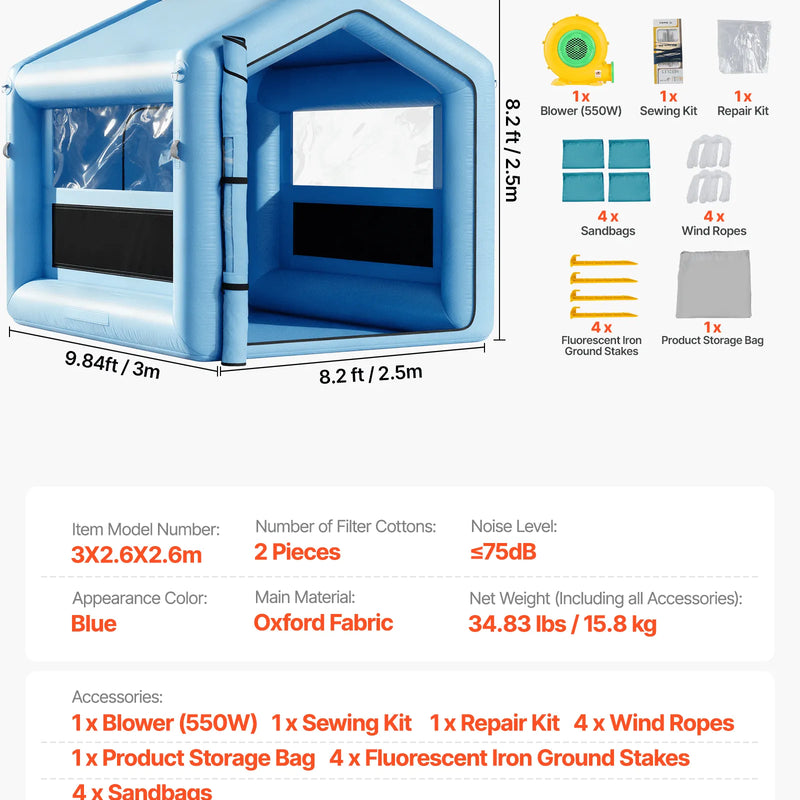VEVOR piepūšamā krāsošanas kabīne, 3 × 2,5 × 2,5 m, ar 550 W jaudīgu gaisa pūtēju un gaisa filtrācijas sistēmu, trīsstūrveida jumts, paredzēta velosipēdu, motociklu un automobiļu virsbūves metāla detaļu krāsošanai.