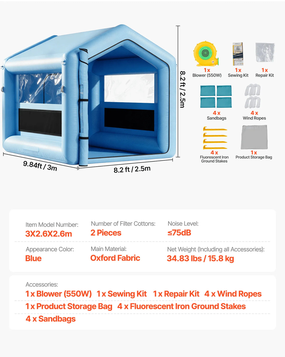 VEVOR Inflatable Spray Booth, 3 × 2.5 × 2.5 m, with 550 W Powerful Air Blower and Air Filtration System, Triangular Roof, for Painting Bicycles, Motorcycles and Car Body Metal Parts