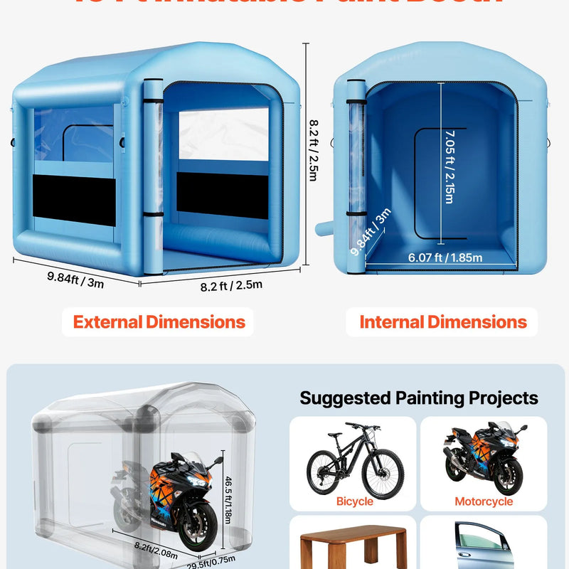 VEVOR piepūšamā krāsošanas kabīne, 3 × 2,5 × 2,5 m, ar 550 W jaudīgu gaisa pūtēju un gaisa filtrācijas sistēmu, apaļš jumts ar gaismas āķi, paredzēta velosipēdu, motociklu un mēbeļu krāsošanai.