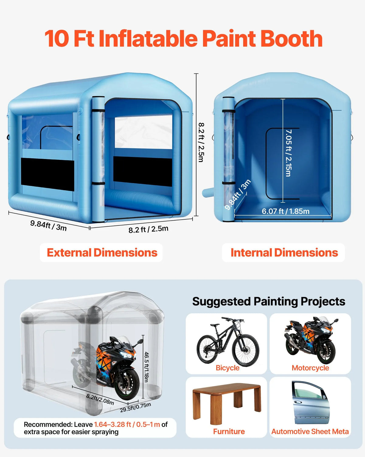 VEVOR Inflatable Spray Booth, 3 × 2.5 × 2.5 m, with 550 W Powerful Air Blower and Air Filtration System, Arched Roof with Light Hook, for Bicycle, Motorcycle and Furniture Painting