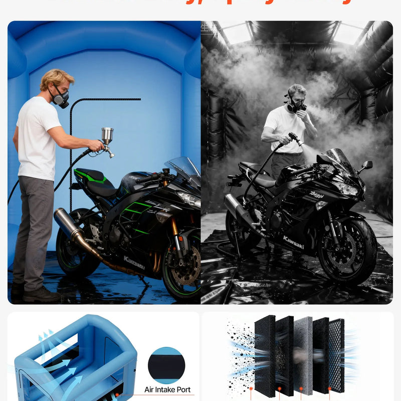 VEVOR piepūšamā krāsošanas kabīne, 3 × 2,5 × 2,5 m, ar 550 W jaudīgu gaisa pūtēju un gaisa filtrācijas sistēmu, apaļš jumts ar gaismas āķi, paredzēta velosipēdu, motociklu un mēbeļu krāsošanai.