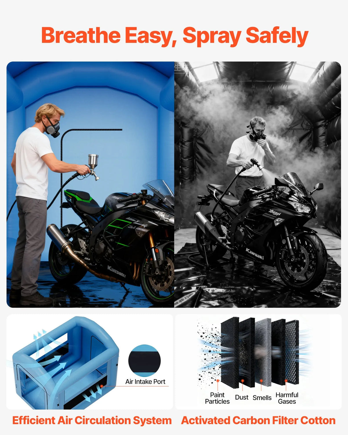 VEVOR Inflatable Spray Booth, 3 × 2.5 × 2.5 m, with 550 W Powerful Air Blower and Air Filtration System, Arched Roof with Light Hook, for Bicycle, Motorcycle and Furniture Painting