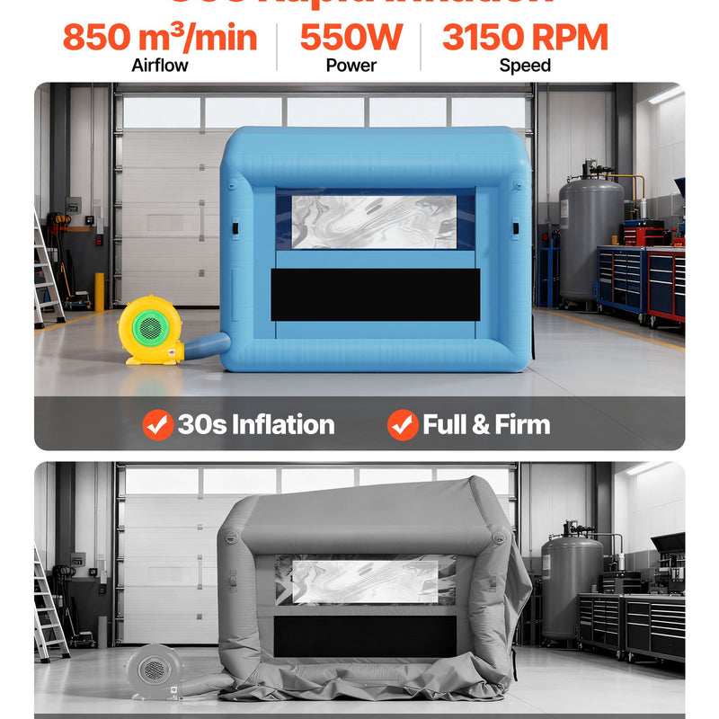 VEVOR piepūšamā krāsošanas kabīne, 3 × 2,5 × 2,5 m, ar 550 W jaudīgu gaisa pūtēju un gaisa filtrācijas sistēmu, apaļš jumts ar gaismas āķi, paredzēta velosipēdu, motociklu un mēbeļu krāsošanai.