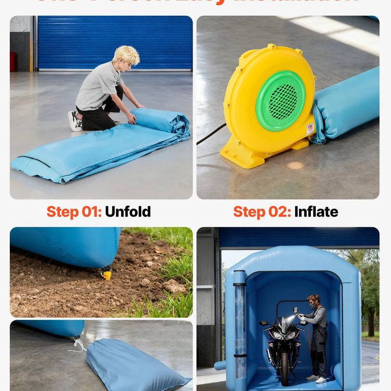 VEVOR piepūšamā krāsošanas kabīne, 3 × 2,5 × 2,5 m, ar 550 W jaudīgu gaisa pūtēju un gaisa filtrācijas sistēmu, apaļš jumts ar gaismas āķi, paredzēta velosipēdu, motociklu un mēbeļu krāsošanai.