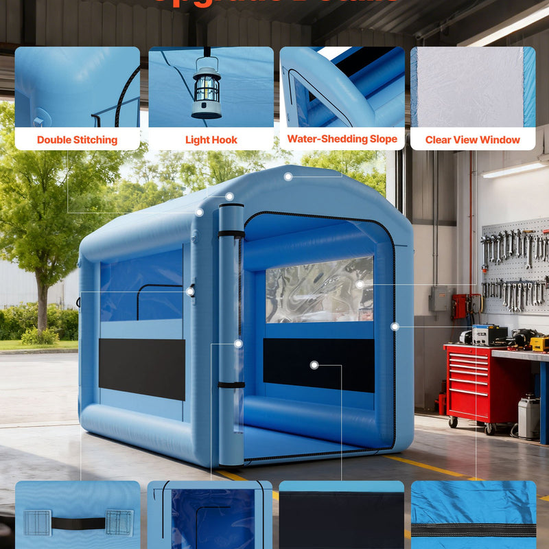 VEVOR piepūšamā krāsošanas kabīne, 3 × 2,5 × 2,5 m, ar 550 W jaudīgu gaisa pūtēju un gaisa filtrācijas sistēmu, apaļš jumts ar gaismas āķi, paredzēta velosipēdu, motociklu un mēbeļu krāsošanai.