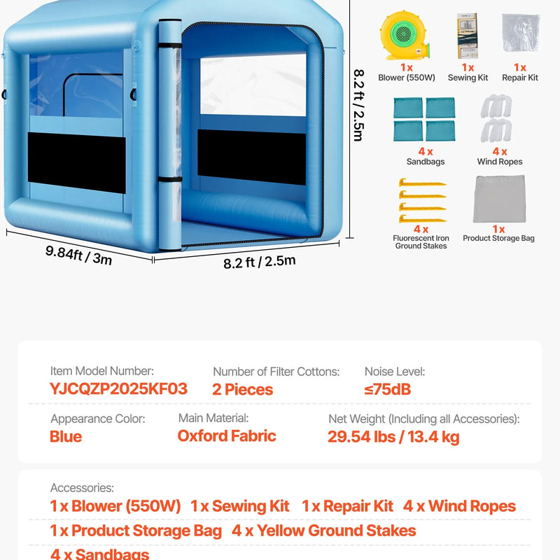 VEVOR piepūšamā krāsošanas kabīne, 3 × 2,5 × 2,5 m, ar 550 W jaudīgu gaisa pūtēju un gaisa filtrācijas sistēmu, apaļš jumts ar gaismas āķi, paredzēta velosipēdu, motociklu un mēbeļu krāsošanai.