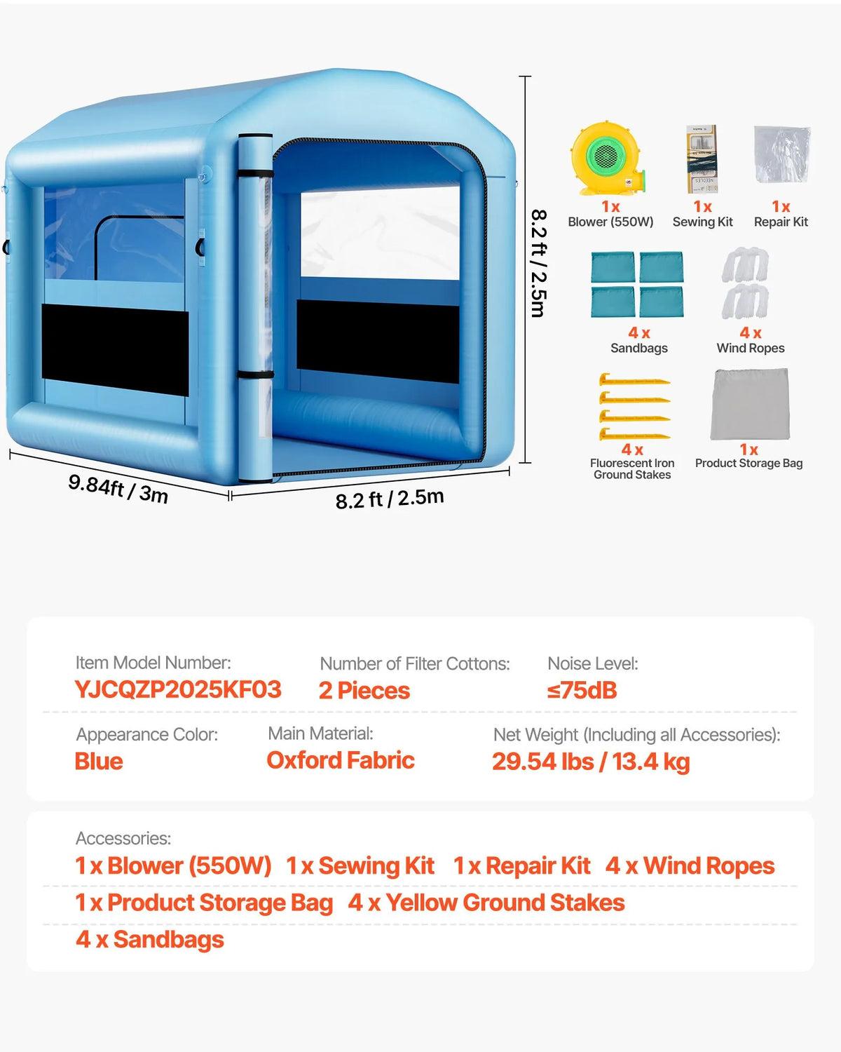 VEVOR Inflatable Spray Booth, 3 × 2.5 × 2.5 m, with 550 W Powerful Air Blower and Air Filtration System, Arched Roof with Light Hook, for Bicycle, Motorcycle and Furniture Painting