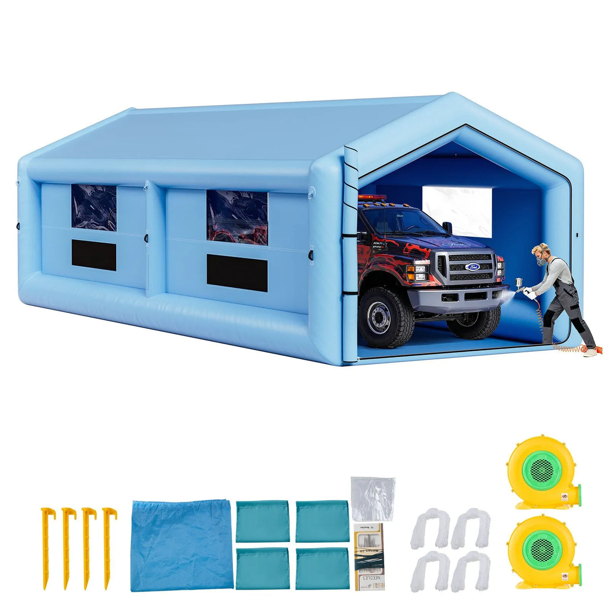 VEVOR Inflatable Spray Booth, 12 × 5 × 4 m, with 950 W + 1100 W Air Blowers and Air Filtration System, Triangular Roof, Suitable for Painting Cars, Trucks, Large Furniture and Metal Parts