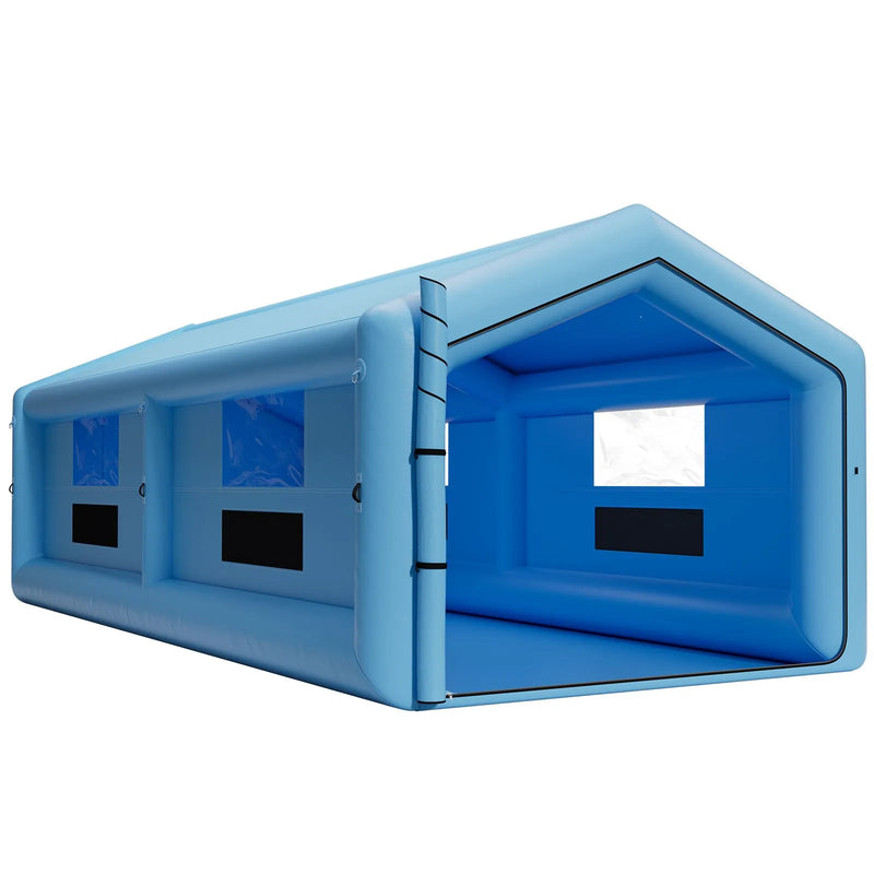 VEVOR piepūšamā krāsošanas kabīne, 12 × 5 × 4 m, ar 950 W + 1100 W gaisa pūtējiem un gaisa filtrācijas sistēmu, trīsstūrveida jumts, piemērota automobiļu, kravas auto, lielu mēbeļu un virsbūves metāla detaļu krāsošanai.