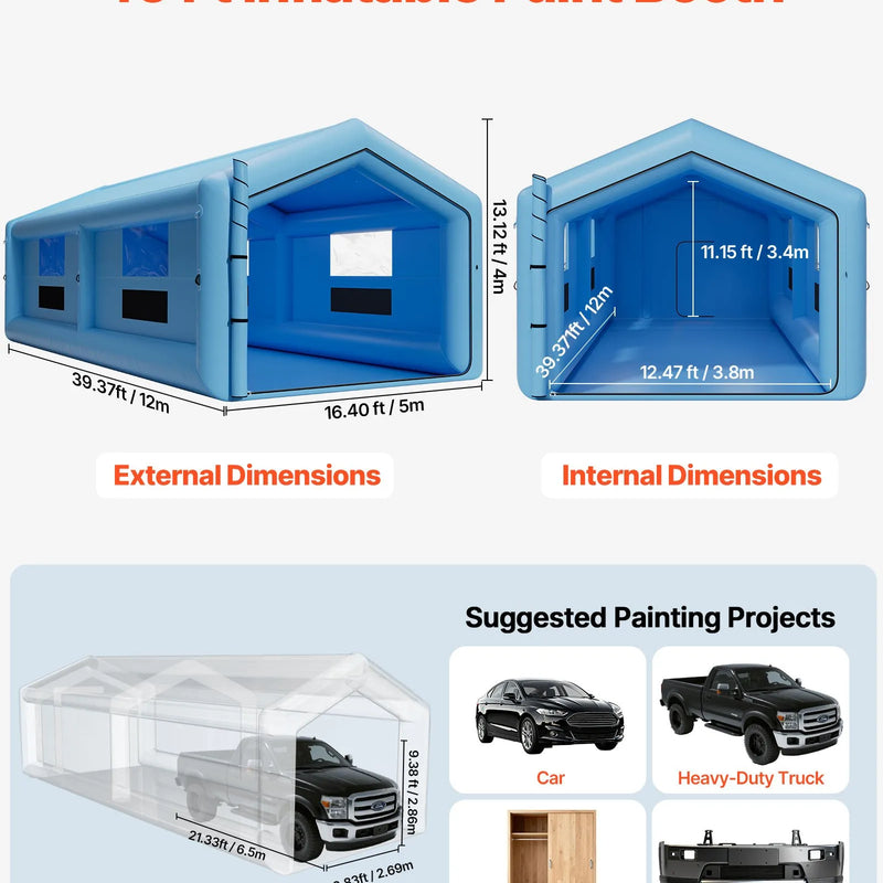 VEVOR piepūšamā krāsošanas kabīne, 12 × 5 × 4 m, ar 950 W + 1100 W gaisa pūtējiem un gaisa filtrācijas sistēmu, trīsstūrveida jumts, piemērota automobiļu, kravas auto, lielu mēbeļu un virsbūves metāla detaļu krāsošanai.