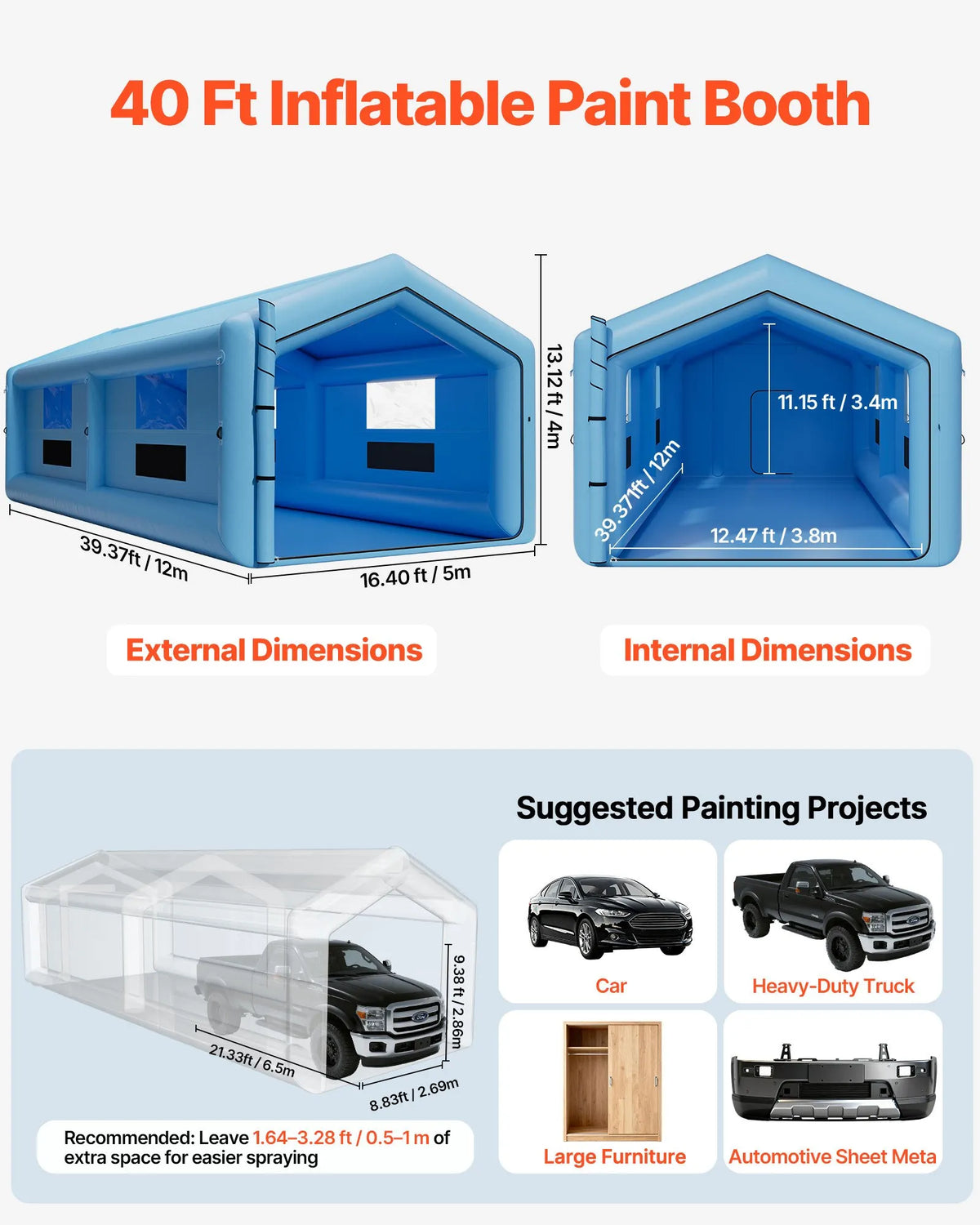 VEVOR Inflatable Spray Booth, 12 × 5 × 4 m, with 950 W + 1100 W Air Blowers and Air Filtration System, Triangular Roof, Suitable for Painting Cars, Trucks, Large Furniture and Metal Parts