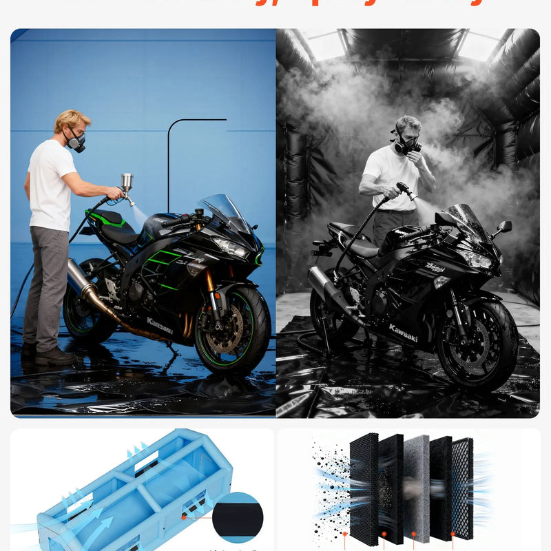 VEVOR piepūšamā krāsošanas kabīne, 12 × 5 × 4 m, ar 950 W + 1100 W gaisa pūtējiem un gaisa filtrācijas sistēmu, trīsstūrveida jumts, piemērota automobiļu, kravas auto, lielu mēbeļu un virsbūves metāla detaļu krāsošanai.