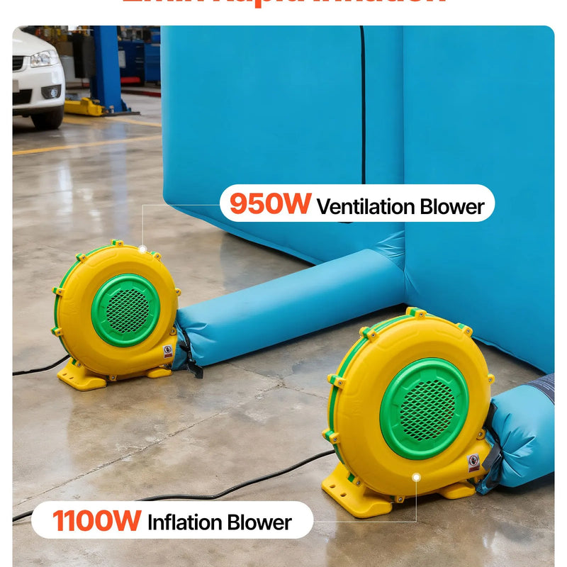 VEVOR piepūšamā krāsošanas kabīne, 12 × 5 × 4 m, ar 950 W + 1100 W gaisa pūtējiem un gaisa filtrācijas sistēmu, trīsstūrveida jumts, piemērota automobiļu, kravas auto, lielu mēbeļu un virsbūves metāla detaļu krāsošanai.