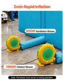 VEVOR piepūšamā krāsošanas kabīne, 12 × 5 × 4 m, ar 950 W + 1100 W gaisa pūtējiem un gaisa filtrācijas sistēmu, trīsstūrveida jumts, piemērota automobiļu, kravas auto, lielu mēbeļu un virsbūves metāla detaļu krāsošanai.