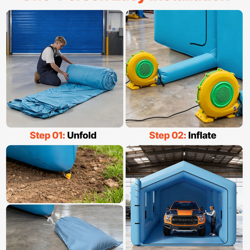 VEVOR piepūšamā krāsošanas kabīne, 12 × 5 × 4 m, ar 950 W + 1100 W gaisa pūtējiem un gaisa filtrācijas sistēmu, trīsstūrveida jumts, piemērota automobiļu, kravas auto, lielu mēbeļu un virsbūves metāla detaļu krāsošanai.