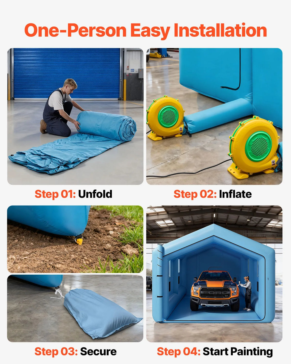 VEVOR Inflatable Spray Booth, 12 × 5 × 4 m, with 950 W + 1100 W Air Blowers and Air Filtration System, Triangular Roof, Suitable for Painting Cars, Trucks, Large Furniture and Metal Parts