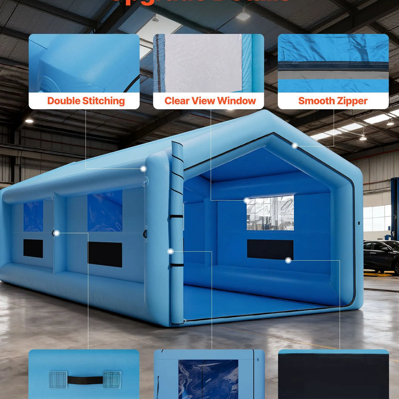 VEVOR piepūšamā krāsošanas kabīne, 12 × 5 × 4 m, ar 950 W + 1100 W gaisa pūtējiem un gaisa filtrācijas sistēmu, trīsstūrveida jumts, piemērota automobiļu, kravas auto, lielu mēbeļu un virsbūves metāla detaļu krāsošanai.