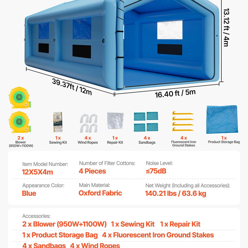VEVOR piepūšamā krāsošanas kabīne, 12 × 5 × 4 m, ar 950 W + 1100 W gaisa pūtējiem un gaisa filtrācijas sistēmu, trīsstūrveida jumts, piemērota automobiļu, kravas auto, lielu mēbeļu un virsbūves metāla detaļu krāsošanai.