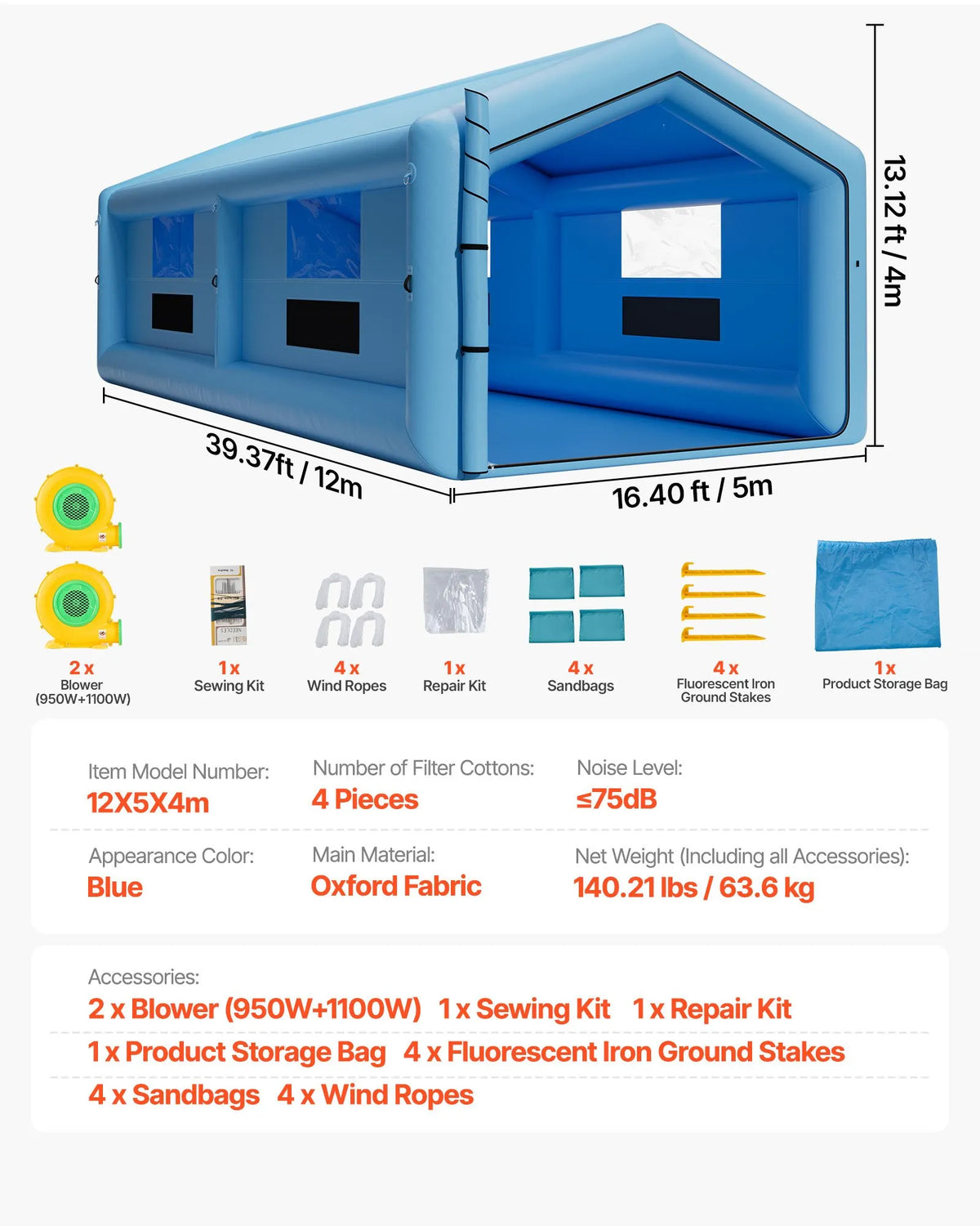 VEVOR Inflatable Spray Booth, 12 × 5 × 4 m, with 950 W + 1100 W Air Blowers and Air Filtration System, Triangular Roof, Suitable for Painting Cars, Trucks, Large Furniture and Metal Parts