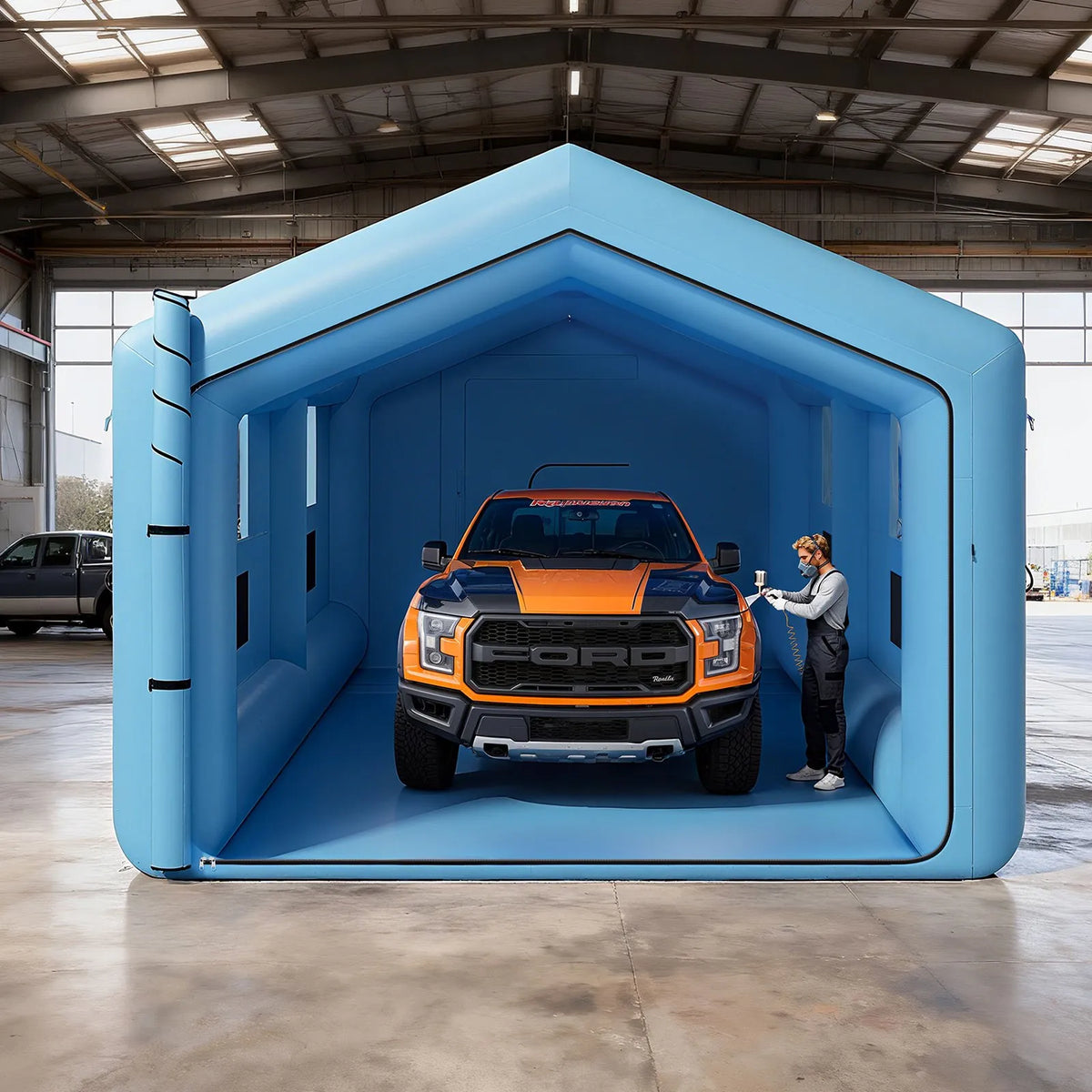 VEVOR Inflatable Spray Booth, 12 × 5 × 4 m, with 950 W + 1100 W Air Blowers and Air Filtration System, Triangular Roof, Suitable for Painting Cars, Trucks, Large Furniture and Metal Parts
