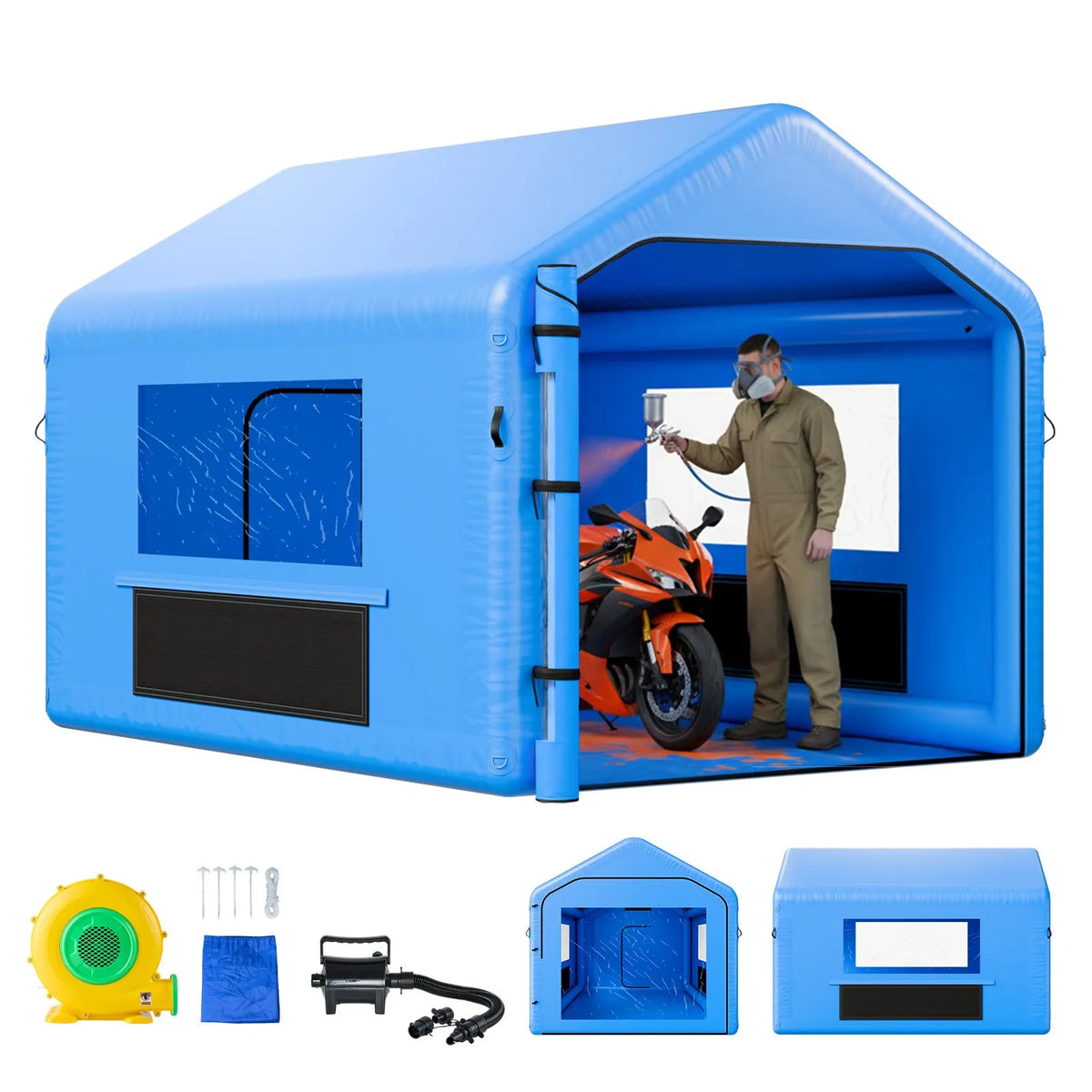 VEVOR Inflatable Spray Booth, 4 × 3 × 2.8 m, with 750 W Powerful Air Blower and Air Filtration System, Triangular Roof, for Painting Bicycle, Motorcycle and Car Body Metal Parts
