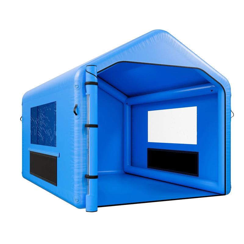 VEVOR piepūšamā krāsošanas kabīne, 4 × 3 × 2,8 m, ar 750 W jaudīgu gaisa pūtēju un gaisa filtrācijas sistēmu, trīsstūrveida jumts, paredzēta velosipēdu, motociklu un automobiļu virsbūves metāla detaļu krāsošanai.