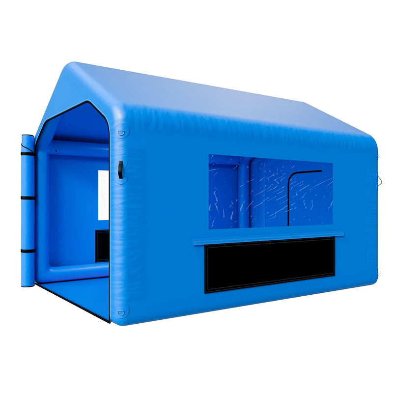 VEVOR piepūšamā krāsošanas kabīne, 4 × 3 × 2,8 m, ar 750 W jaudīgu gaisa pūtēju un gaisa filtrācijas sistēmu, trīsstūrveida jumts, paredzēta velosipēdu, motociklu un automobiļu virsbūves metāla detaļu krāsošanai.