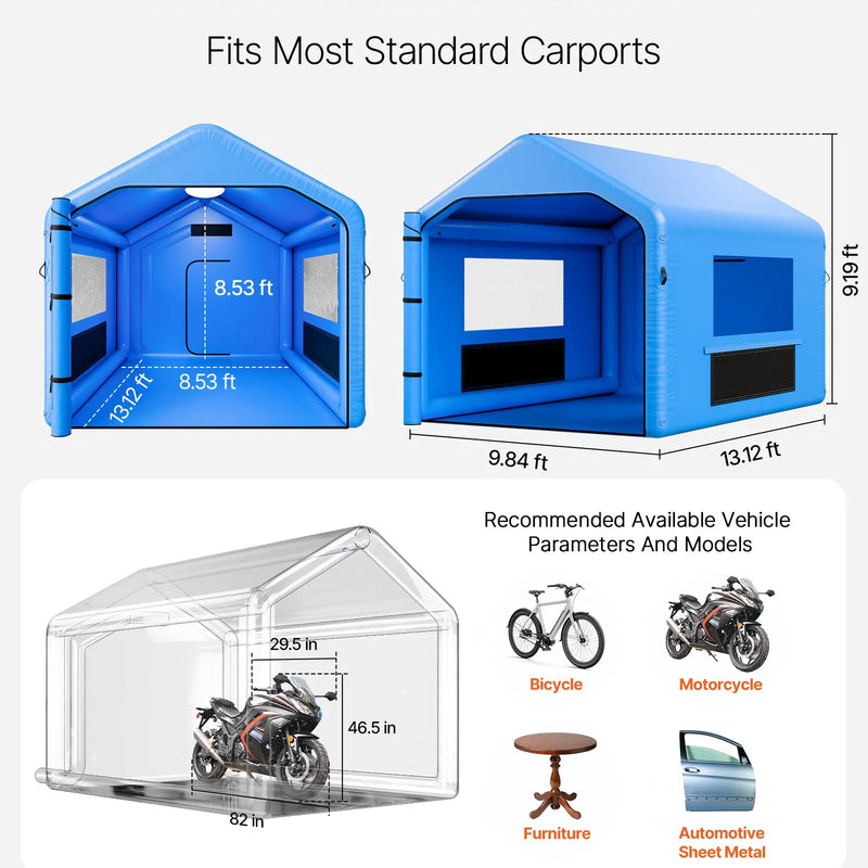 VEVOR piepūšamā krāsošanas kabīne, 4 × 3 × 2,8 m, ar 750 W jaudīgu gaisa pūtēju un gaisa filtrācijas sistēmu, trīsstūrveida jumts, paredzēta velosipēdu, motociklu un automobiļu virsbūves metāla detaļu krāsošanai.