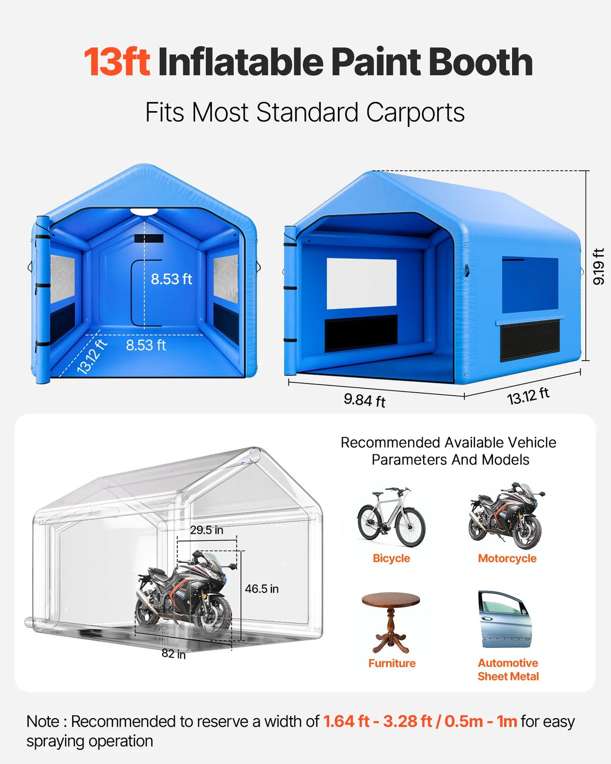 VEVOR Inflatable Spray Booth, 4 × 3 × 2.8 m, with 750 W Powerful Air Blower and Air Filtration System, Triangular Roof, for Painting Bicycle, Motorcycle and Car Body Metal Parts