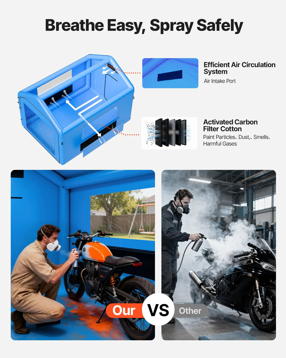VEVOR Inflatable Spray Booth, 4 × 3 × 2.8 m, with 750 W Powerful Air Blower and Air Filtration System, Triangular Roof, for Painting Bicycle, Motorcycle and Car Body Metal Parts