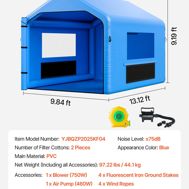VEVOR piepūšamā krāsošanas kabīne, 4 × 3 × 2,8 m, ar 750 W jaudīgu gaisa pūtēju un gaisa filtrācijas sistēmu, trīsstūrveida jumts, paredzēta velosipēdu, motociklu un automobiļu virsbūves metāla detaļu krāsošanai.