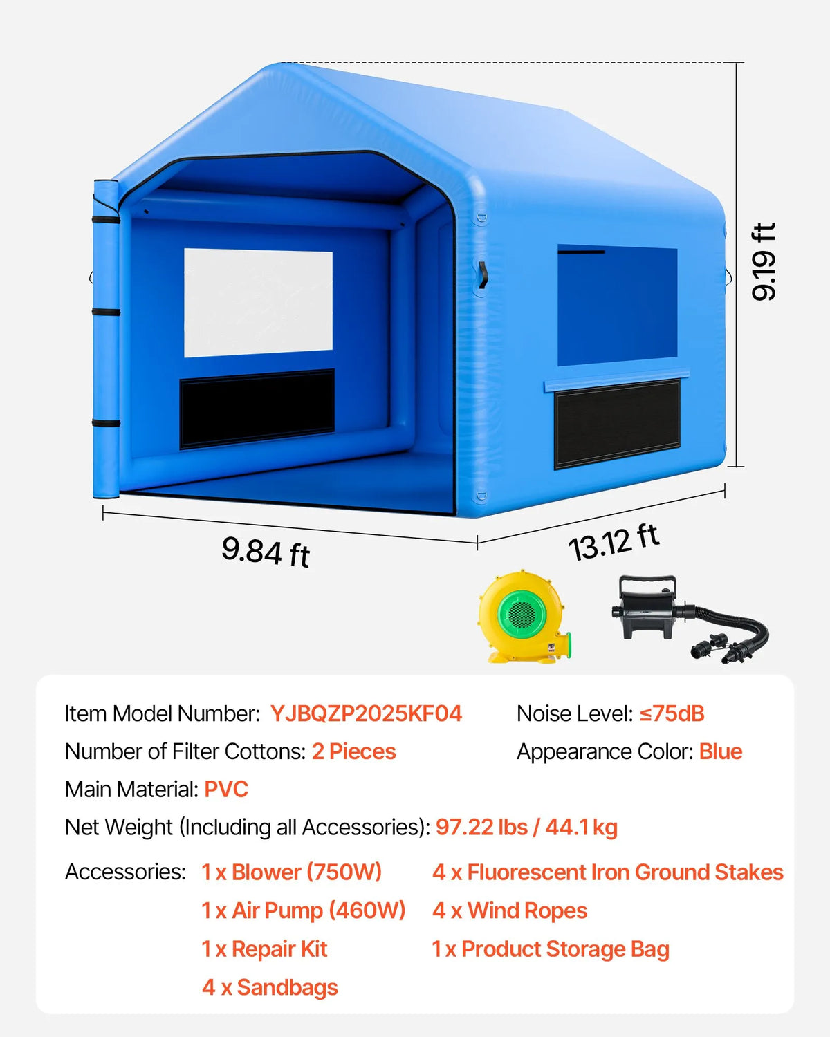 VEVOR Inflatable Spray Booth, 4 × 3 × 2.8 m, with 750 W Powerful Air Blower and Air Filtration System, Triangular Roof, for Painting Bicycle, Motorcycle and Car Body Metal Parts