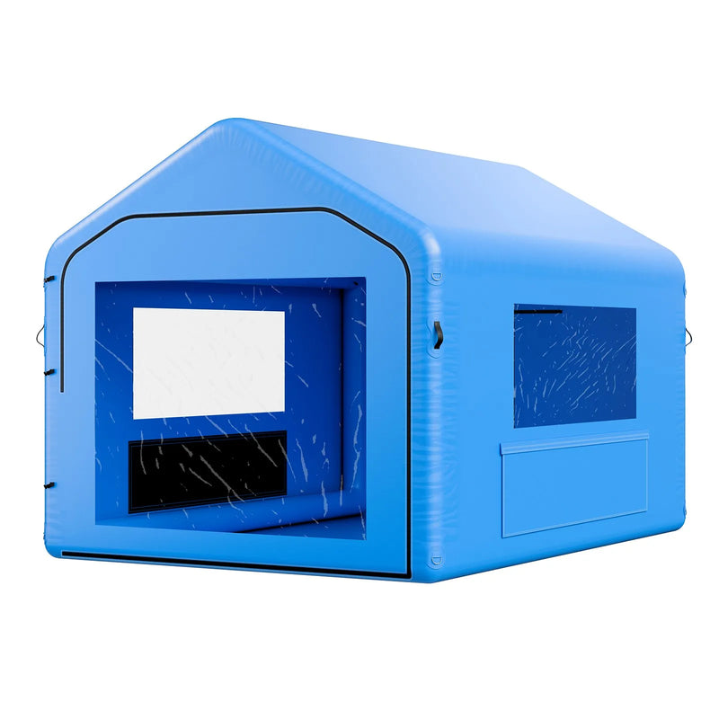 VEVOR piepūšamā krāsošanas kabīne, 4 × 3 × 2,8 m, ar 750 W jaudīgu gaisa pūtēju un gaisa filtrācijas sistēmu, trīsstūrveida jumts, paredzēta velosipēdu, motociklu un automobiļu virsbūves metāla detaļu krāsošanai.