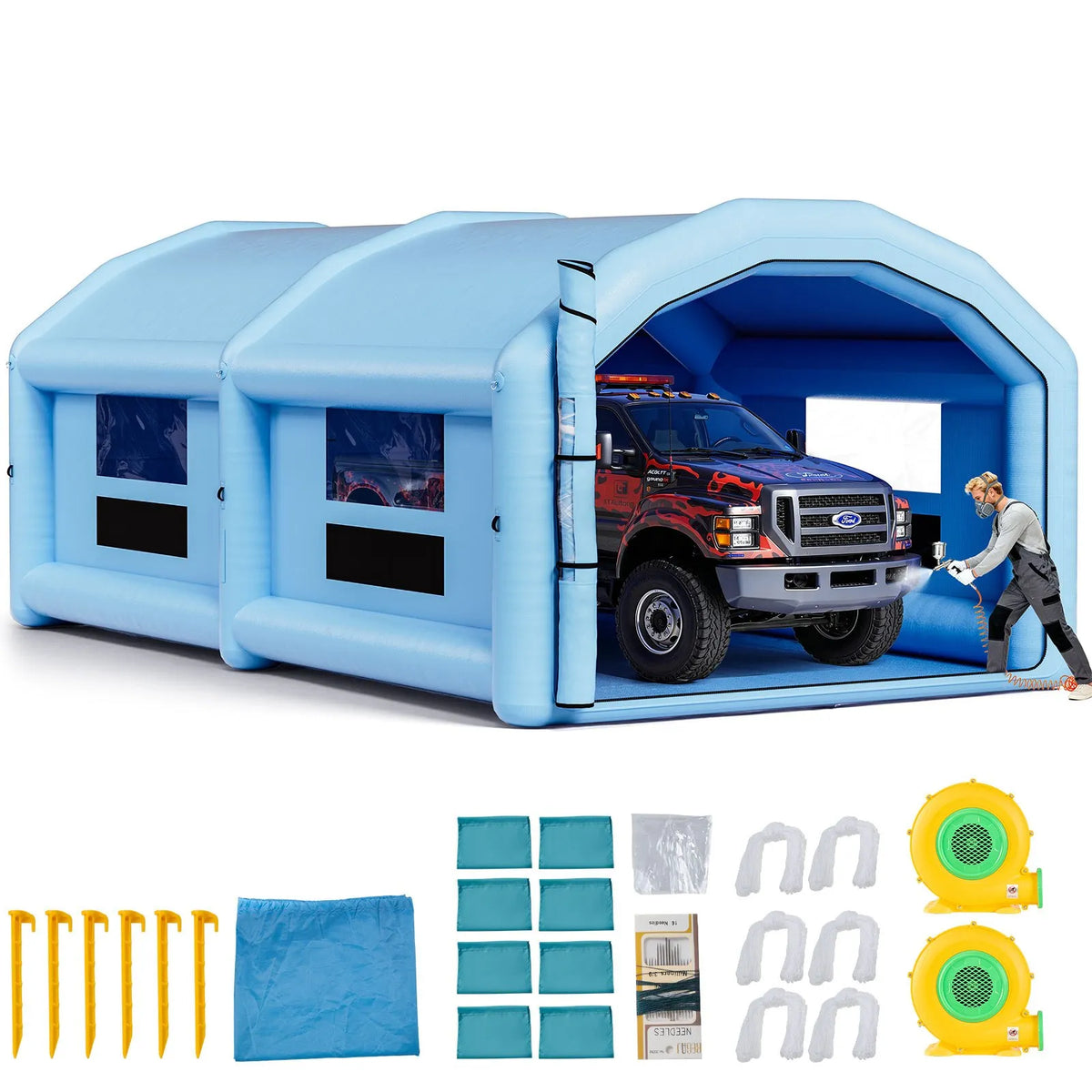 VEVOR Inflatable Spray Booth, 10 × 6 × 4 m, Inflatable Paint Booth with 950 W and 1100 W Air Blowers and Air Filtration System, Arched Roof, for Painting Cars, Trucks, Furniture and Vehicle Body Metal Parts