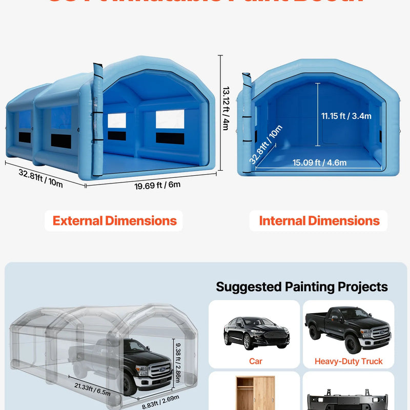 VEVOR piepūšamā krāsošanas kabīne, 10 × 6 × 4 m, piepūšamā krāsošanas kabīne ar 950 W un 1100 W gaisa pūtējiem un gaisa filtrācijas sistēmu, apaļš jumts, paredzēta automobiļu, kravas automašīnu, mēbeļu un automobiļu virsbūves metāla detaļu krāsošanai.