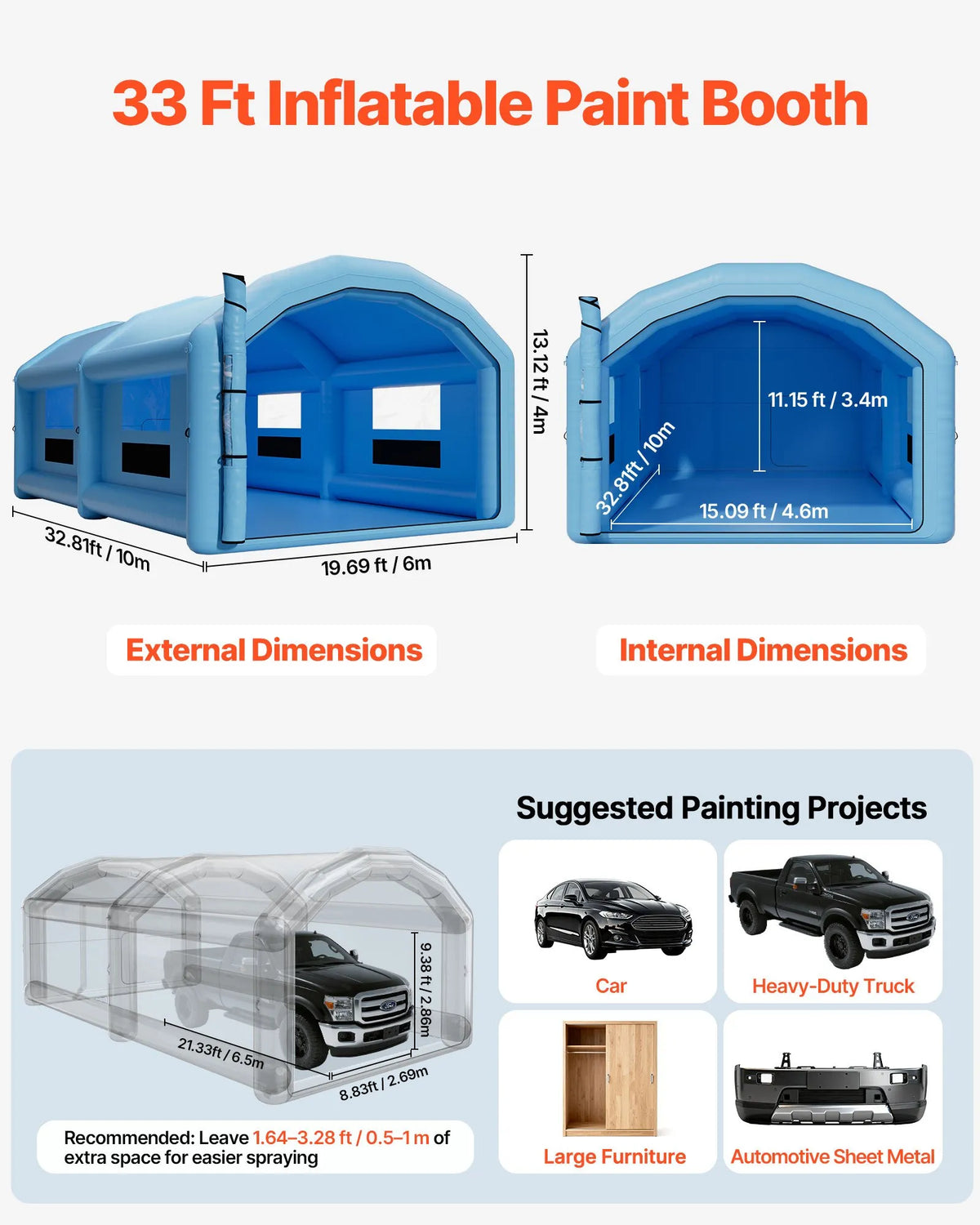 VEVOR Inflatable Spray Booth, 10 × 6 × 4 m, Inflatable Paint Booth with 950 W and 1100 W Air Blowers and Air Filtration System, Arched Roof, for Painting Cars, Trucks, Furniture and Vehicle Body Metal Parts