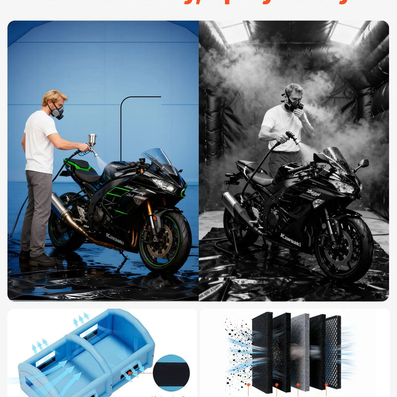 VEVOR piepūšamā krāsošanas kabīne, 10 × 6 × 4 m, piepūšamā krāsošanas kabīne ar 950 W un 1100 W gaisa pūtējiem un gaisa filtrācijas sistēmu, apaļš jumts, paredzēta automobiļu, kravas automašīnu, mēbeļu un automobiļu virsbūves metāla detaļu krāsošanai.