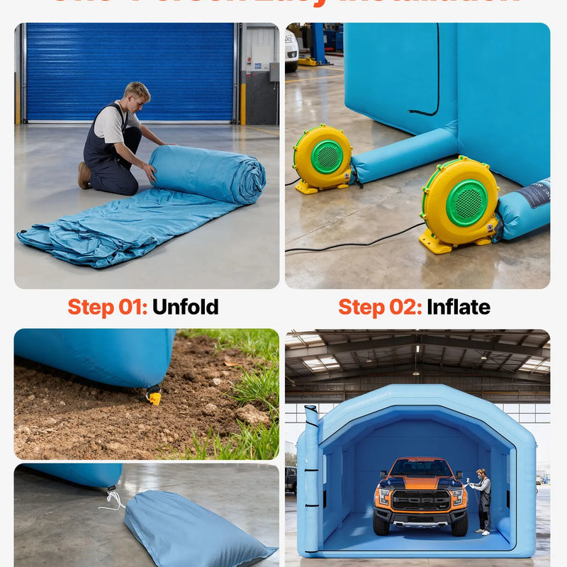 VEVOR piepūšamā krāsošanas kabīne, 10 × 6 × 4 m, piepūšamā krāsošanas kabīne ar 950 W un 1100 W gaisa pūtējiem un gaisa filtrācijas sistēmu, apaļš jumts, paredzēta automobiļu, kravas automašīnu, mēbeļu un automobiļu virsbūves metāla detaļu krāsošanai.