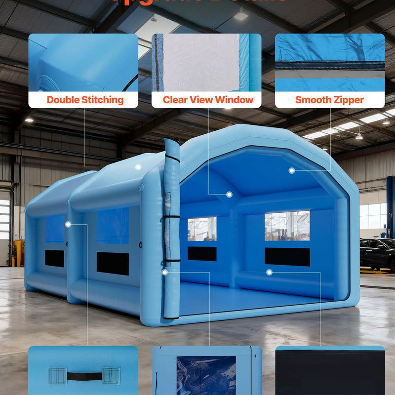 VEVOR piepūšamā krāsošanas kabīne, 10 × 6 × 4 m, piepūšamā krāsošanas kabīne ar 950 W un 1100 W gaisa pūtējiem un gaisa filtrācijas sistēmu, apaļš jumts, paredzēta automobiļu, kravas automašīnu, mēbeļu un automobiļu virsbūves metāla detaļu krāsošanai.