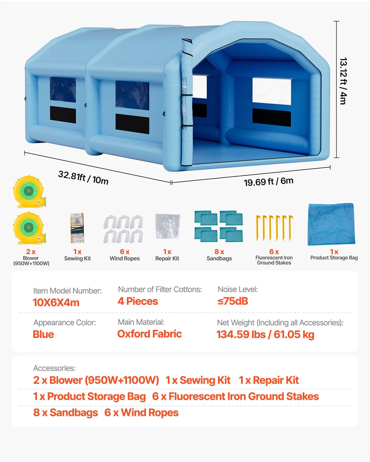 VEVOR Inflatable Spray Booth, 10 × 6 × 4 m, Inflatable Paint Booth with 950 W and 1100 W Air Blowers and Air Filtration System, Arched Roof, for Painting Cars, Trucks, Furniture and Vehicle Body Metal Parts
