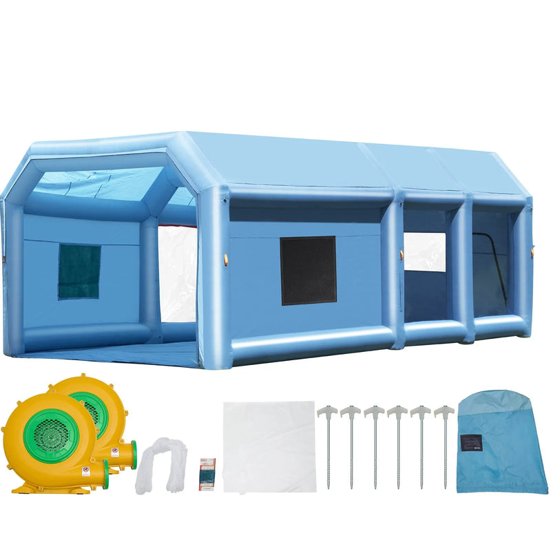 Piepūšamā krāsošanas telpa, 8,5 x 4,8 x 3,3 m, ar 950W+750W jaudīgiem pūtējiem un gaisa filtrēšanas sistēmu, pārnēsājama automašīnu krāsošanas telpa maziem kravas auto, lieliem motocikliem un vidēja izmēra transportlīdzekļiem