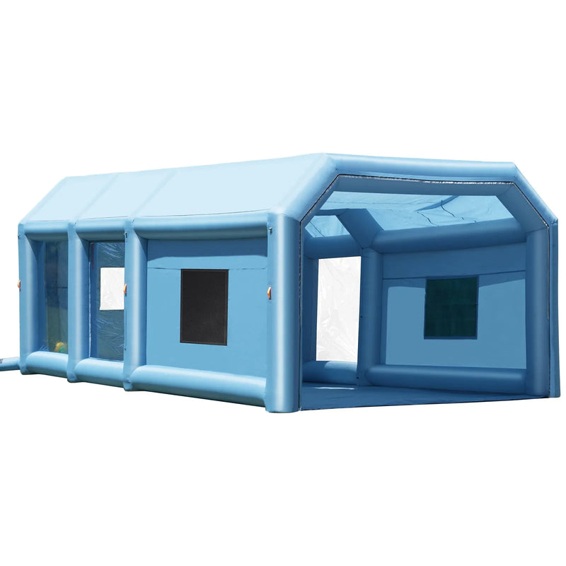 Piepūšamā krāsošanas telpa, 9 x 4,8 x 3,6 m, ar 950W un 750W jaudīgiem pūtējiem un gaisa filtru sistēmu, pārnēsājama, piemērota lieliem kravas auto, furgoniem un smagai tehnikai