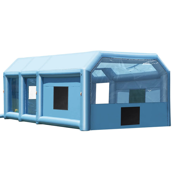 Piepūšamā krāsošanas telpa, 9 x 4,8 x 3,6 m, ar 950W un 750W jaudīgiem pūtējiem un gaisa filtru sistēmu, pārnēsājama, piemērota lieliem kravas auto, furgoniem un smagai tehnikai