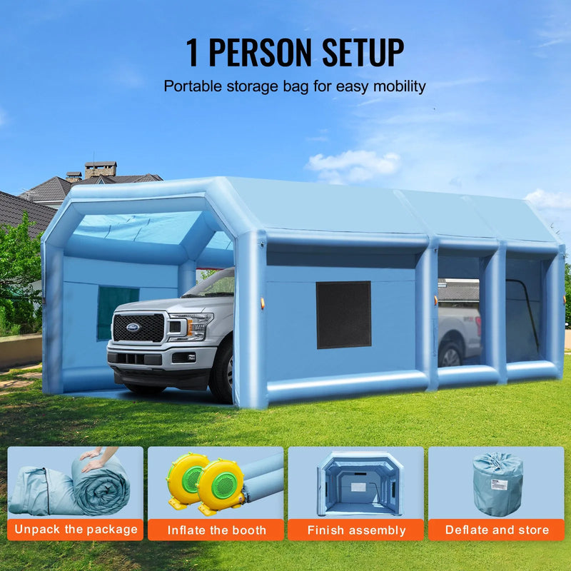 Piepūšamā krāsošanas telpa, 9 x 4,8 x 3,6 m, ar 950W un 750W jaudīgiem pūtējiem un gaisa filtru sistēmu, pārnēsājama, piemērota lieliem kravas auto, furgoniem un smagai tehnikai