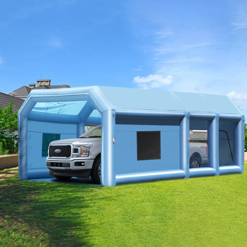 Piepūšamā krāsošanas telpa, 9 x 4,8 x 3,6 m, ar 950W un 750W jaudīgiem pūtējiem un gaisa filtru sistēmu, pārnēsājama, piemērota lieliem kravas auto, furgoniem un smagai tehnikai